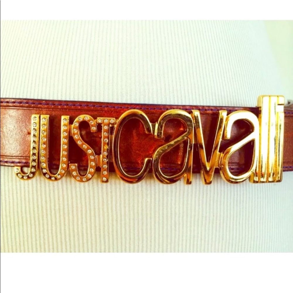 Just Cavalli Large blinged gold logo leather belt - Picture 3 of 5